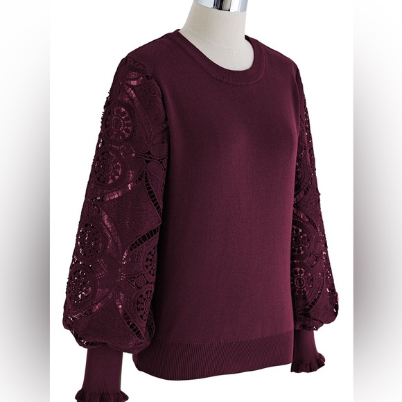 FLORAL CROCHET SLEEVE KNIT TOP IN BURGUNDY - Picture 3 of 6